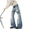 Jeans de Hip Hop de Calle Americanos No Ajustados Micro-Acampanados Diseño de Hebilla de Graffiti de Primavera Pantalones Anchos Sueltos Favorecedores