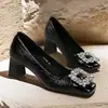 Lindos Sapatos Novos Estilo Retrô para o Dia a Dia, Modernos e Únicos, com Salto Médio Grosso, Bico Quadrado, Detalhes de Strass, Efeito Emagrecedor e Fivela de Strass