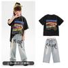 Traje de Moda Hip-Hop Holgado con Alfabeto para Street Dance Verano Pantalones de Mezclilla Traje de Rendimiento de Baile Hiphop para Niños y Niñas