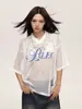 Camiseta de Malla con Estampado de Letras Estilo Americano, Cuello en V, Manga Corta para Mujer, Camiseta Corta Calada de Verano, Top Holgado para Cubrir para Hombres y Mujeres