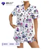 Cárdigan Transfronterizo Europeo y Americano de Seda de Leche con Estampado de Personajes para Mujer, Shorts de Manga Corta, Ropa de Casa Transpirable Casual