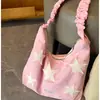 Bolso Tote de Nylon con Pliegues y Estampado de Estrellas, Gran Capacidad, Moderno, Versátil, con Cordón, para Primavera/Verano