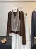 Moda Estilo Coreano Chaleco de Tirantes Rayado Falso de Dos Piezas Cárdigan de Punto Patchwork de Manga Larga Nuevo Chic para Mujer de Principios de Otoño Top Adelgazante