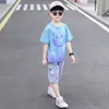 Roupas Infantis Meninos Verão Terno Degradê Crianças Maiores Esportivo Casual Manga Curta Jeans Conjunto de Duas Peças Atravessando Fronteiras Atacado Tendência