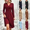 2026 Estilo Nuevo Transfronterizo Europeo y Americano Color Sólido Cuello en V Cintura Pliegues Cruzados Manga Larga Longitud Midi Vestido Largo Vestido Ropa para Mujer
