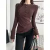 Camiseta elegante y única de manga larga con cuello para mujer, gris otoño, corte ajustado, top básico versátil