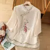 Camisa de Algodón Lino Bordada Estilo Chino Retro para Mujer Verano Retro Nueva Ropa de Ceremonia del Té Zen Chino Top para Mujer Camisa Pequeña de Algodón Lino