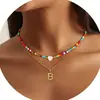 Collar de Cadena de Clavícula en Capas con Colgante de 26 Letras Transfronterizo Nuevo Europeo y Americano, Piedra Natural, Corazón, Combinación de Colores Dopamina, con Cuentas