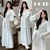 Vestido de maternidad para otoño e invierno, nuevo conjunto de dos piezas de punto con cuello en V y lazada, vestido holgado y favorecedor