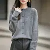 Cárdigan de Seda de Morera Cepillado sin Costuras Cuello Redondo para Mujer Otoño Invierno Cálido Holgado Ropa Exterior Estilo Francés para el Trabajo Top de Punto