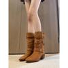 Botas de Caballero de Punta Fina con Tacón Grueso Estilo Retro Maillard para Mujer con Hebilla de Cinturón Botas de Media Pantorrilla Versátiles y de Moda