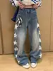 Calça jeans patchwork, calça larga solta, lavagem reta bordada solta tendência novo estilo, moda popular ins estilo artístico