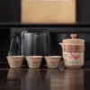 Juego de Té Cerámico Rústico para Viaje con una Tetera y Tres Tazas, Práctico Juego para Preparar Té para Negocios, Hotel, Banco y como Regalo