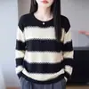 Suéter de rayas con bloques de color para mujer, nuevo estilo otoño e invierno 2026, terciopelo agradable a la piel, cuello redondo, manga larga, bloques de color, top de corte holgado