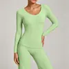 Ropa de Yoga para Mujer de Primavera y Otoño, Top Deportivo de Manga Larga con Cuello en V Ajustado, Camiseta de Hombro Normal, Moda con Sensación Nude, Ropa de Entrenamiento Físico de Secado Rápido
