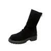 Botas Delgadas Estilo Piel de Vaca Tacón Grueso Suela Gruesa Punta Redonda Cremallera Trasera Plisada Botines de Pila para Mujer Piel Genuina