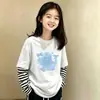 Camiseta de manga larga para niña, algodón puro, estilo primavera y otoño, versión coreana, holgada, sencilla, casual, cuello redondo, camiseta básica para niños, imitación de dos piezas