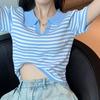 Camiseta de mujer a rayas de verano fina con cuello polo corto con ombligo descubierto diseño sentido nicho moda ins hot girl top manga corta
