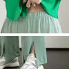 Pantalones Casuales de Seda de Hielo con Aberturas para Mujer, Ropa Exterior de Verano, Pantalones de Pierna Ancha de Cintura Alta, Pantalones Ligeros Sueltos Dagging, Pantalones Rectos de Color Sólido