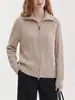 Nuevo Top de Moda Otoño 2026 con Doble Cremallera, Estilo Old Money, Cuello Alto, Manga Larga, Cachemir, Color Café con Leche, Cárdigan Tejido para Mujer