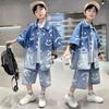 Conjunto Jeans de Manga Curta para Meninos 2024 Novo Estiloso Roupa de Verão Infantil, Conjunto de Duas Peças Jeans de Verão para Crianças Maiores, Tendência Chinesa