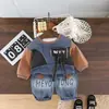 Conjunto de Moletom Estiloso para Meninos Outono Modelo 2026 Menininho Outono Manga Longa Listrado Pendurado Patchwork em Jeans Conjunto de Duas Peças Moderno