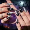 24 piezas Halloween Plata Oscura Brillo Araña Uñas Portátiles Uñas Largas Puntiagudas Almendra Estilo Dulce Fresco Producto Terminado