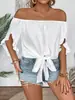Roupas Femininas Plus Size Europeias e Americanas Verão 2026 Comércio Exterior Transfronteiriço Camisa Ombro a Ombro com Manga Bufante e Laço de Borboleta Doce e Casual