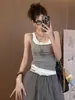 Camisola de Color Contrastante con Puntadas Estilo Chica Caliente Americana, Falso Dos Piezas, Ropa Exterior Fina de Verano para Mujer, Top Corto Ajustado sin Mangas