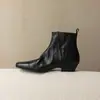 Versão em Couro Bovino Lavado~Novos Coturnos Chelsea de Bico Fino em V com Salto Baixo para Outono/Inverno, Botas Curtas de Couro Genuíno para Calçar Sem Cadarços para Mulheres