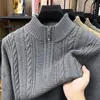 Novo Suéter Masculino de Lã Grossa com Gola Alta e Meio Zíper para o Inverno, Roupa Casual Masculina, Suéter Pulôver Jacquard Espessado e Quente para Homens