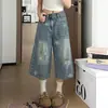 Calça jeans cropped larga com padrão de estrelas rasgada para mulheres, verão, corpo tipo pera, modeladora, cintura alta, estilo americano, calças soltas retas de comprimento médio