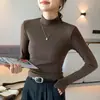 H337 Cómoda Camiseta Básica de Cuello Medio para Mujer, Tejido de Canalé de Cuello Medio, Elegante Top Cálido de Manga Larga para Otoño e Invierno