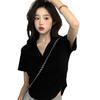 Design Sense Irregular Hem POLO Collar Cintura Alta Camiseta Curta 2024 Verão Nova Manga Curta Cor Sólida Top Mulheres