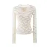 Top de encaje con cruce estilo Deseo Puro, Manga Larga, Versátil para Primavera, Ajustado, Favorecedor, Camiseta Básica Hot Girl