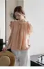 Lalaglow Banxia Sonho Doce Camisa Feminina de Manga Curta com Fita Dupla Camadas Tencel Respirável Babados 9063
