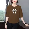 Camiseta Retro Chic con Estampado de Lazo Estilo Coreano para Mujer, Manga Tres Cuartos, Corte Holgado, Adelgazante, Rejuvenecedor, Top para Mamá