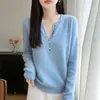 2026 Novo Estilo Gola Tesoura Botão Manga Longa Solto Fashion Casual Simples Versátil Top para o Dia a Dia Suéter Pulôver