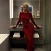 Moda Europea y Americana Transfronteriza Cuello Redondo Manga Larga Espalda Descubierta Grande Lazo en la Cintura Elegante Delgado Vestido Largo de Alfombra Roja Vestido de Moda