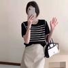 Suéter de Punto Rayado con Puntada Francesa Falso Dos Piezas Manga Corta para Mujer Verano Nueva Llegada Suéter Estilo Occidental Dulce Top con Manga Abullonada