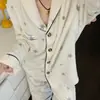 Pijama de Franela Estrellas Estilo Dulce Japonés para Mujer, Otoño e Invierno Talla Grande Manga Larga Pantalón Largo Set de Ropa de Casa Engrosada