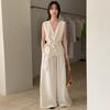Conjunto de Roupa de Verão Coreana Dongdaemun Simples Elegante de Alta Qualidade com Regata de Alça Decote V para Mulheres + Calça de Cintura Alta com Efeito Emagrecedor de Perna Larga