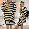 Traje de dos piezas de verano delgado a rayas estilo Ins transfronterizo para mujer, ropa casual para salir y para el hogar