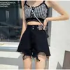 Shorts de Mezclilla Rasgados Negros para Mujer, Nuevo Estilo Verano 2026, Estilo Trendy Ins, Tallas Grandes, Hot Pants con Borde Deshilachado, Shorts de Pierna Ancha Línea A