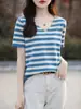 Camiseta de punto de manga corta holgada casual de hilo de algodón para mujer, con rayas horizontales, cuello en V, rejuvenecedora, nueva para primavera y verano