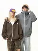 Sudadera con capucha de lana de color contrastante con cremallera Otoño Retro Americano Holgada Chaqueta Gruesa Pesada para Pareja Q