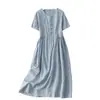 Vestido Vintage Estilo Étnico Artístico para Mujer Verano 2023 Largo Manga Corta Algodón y Lino Falda Larga Holgado Vestido Bordado