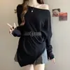 Elegante suéter de punto asimétrico de un hombro para mujer, jersey de otoño e invierno con mangas murciélago, diseño elegante con cinturón en la cintura