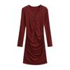 Vestido Sexy de Encaje Puro con Empalme y Giro en V de Manga Larga para Mujer, Nuevo para Primavera y Otoño, Aspecto Adelgazante, Ceñido a la Cadera, Falda Corta