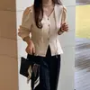 Camisa básica de cor sólida com gola V, acinturada, de abotoamento simples e mangas bufantes, estilo coreano chique, para mulheres, outono 17672